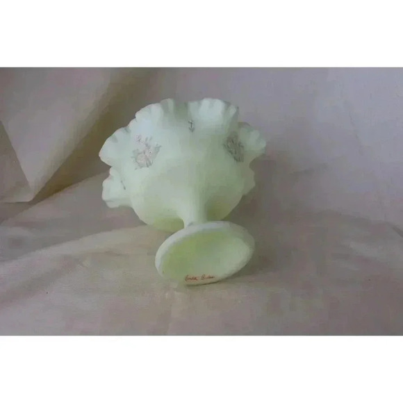 Vintage Fenton Custard satin, Ruffled Compote midcentury hand paintedLinda Bules - Picture 7 of 8